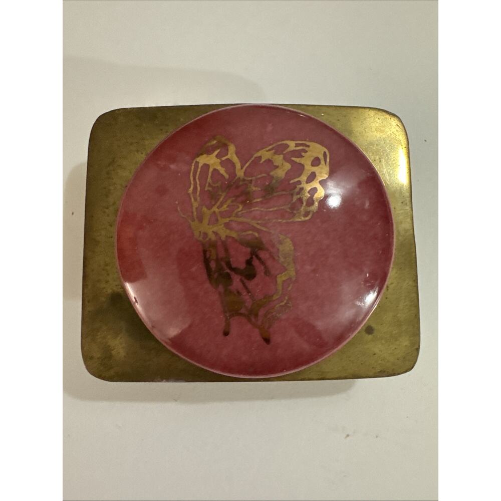 Vintage Brass Butterfly Belt Buckle - Pink Enamel Oval Mid Century Style